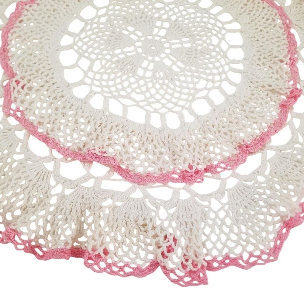 Unbranded Crochet Doily 10in Adult Pink White Good Floral Lace Round Handmade